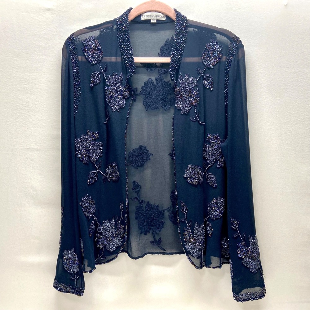 Drapers & Damon's' Open Front Blouse Women's 14 Deep Blue Embellished Floral EUC